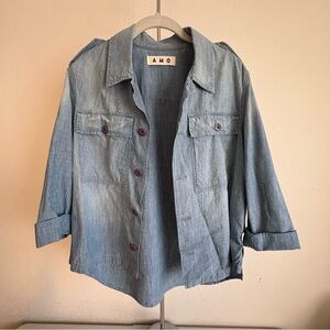 AMO Sz. M Ruffle Back Army Jacket in Chambray Denim Jean 100% Cotton